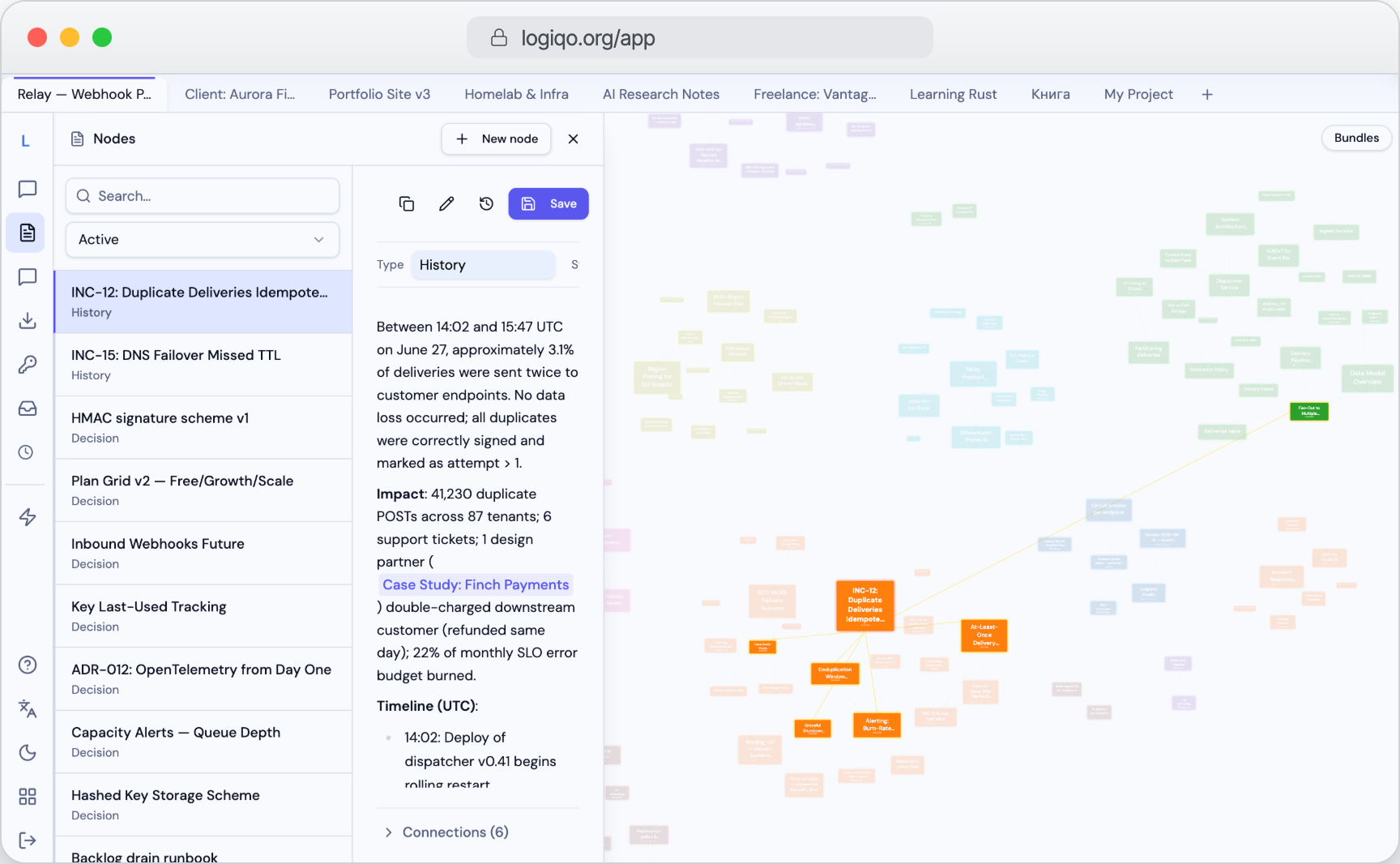 Logiqo app — a linked knowledge graph for software teams
